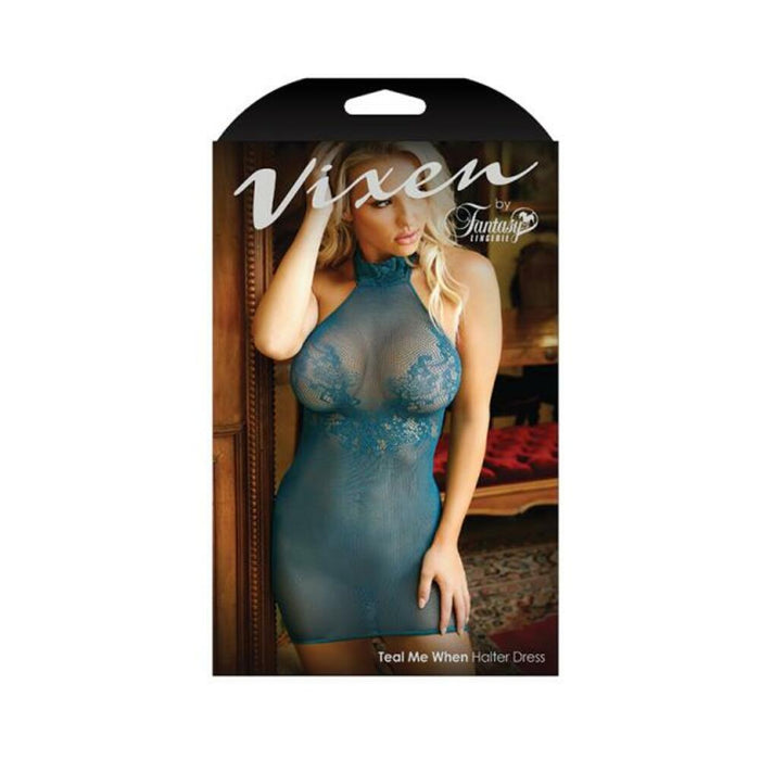 Vixen Teal Me When Halter Net Dress With Floral Lace Design Teal O/s