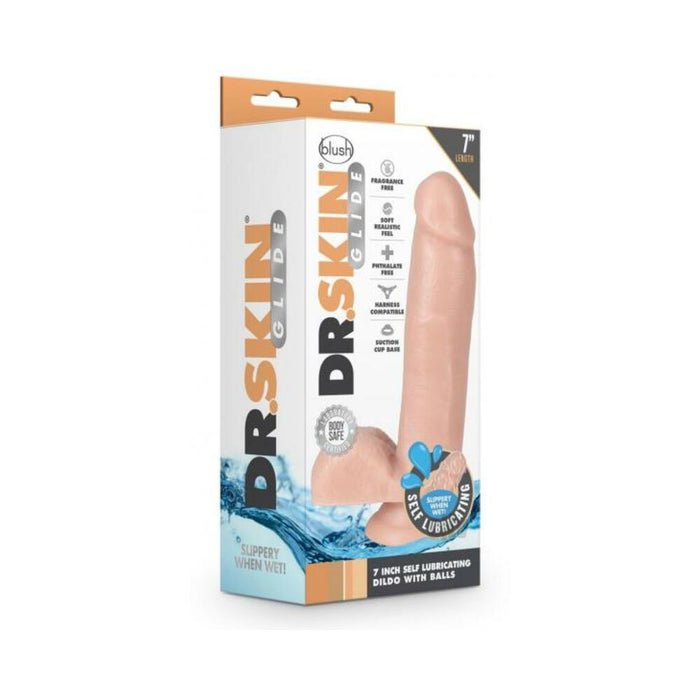 Dr. Skin Glide 7" Self-lubricating Dildo With Balls Vanilla | cutebutkinky.com